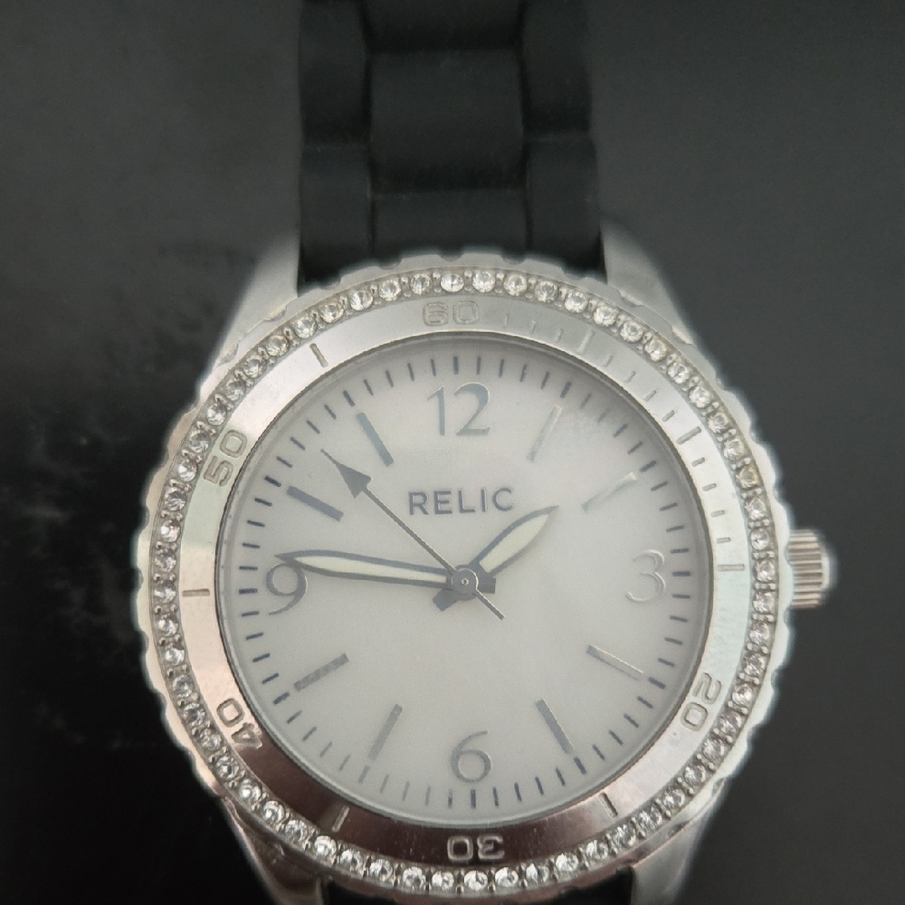 Relic Silver and Black Watch with Crystal Bezel